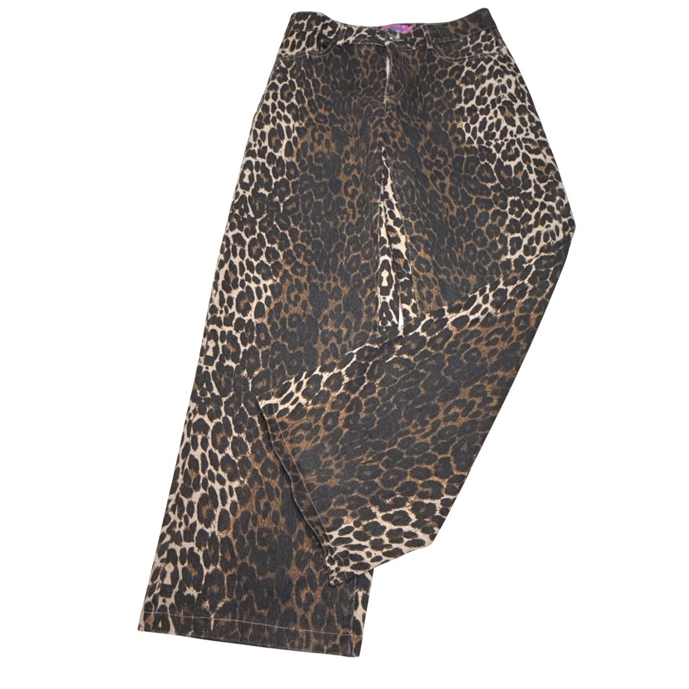 Edikted Leopard Print Wide Leg Denim Jeans Brown Tan Animal Pattern Small